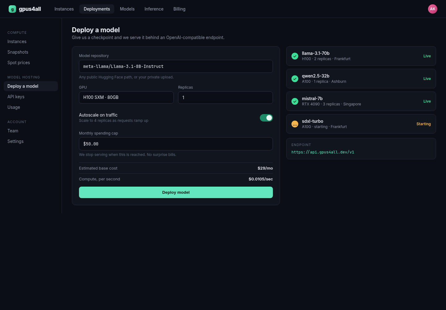 The deploy model screen